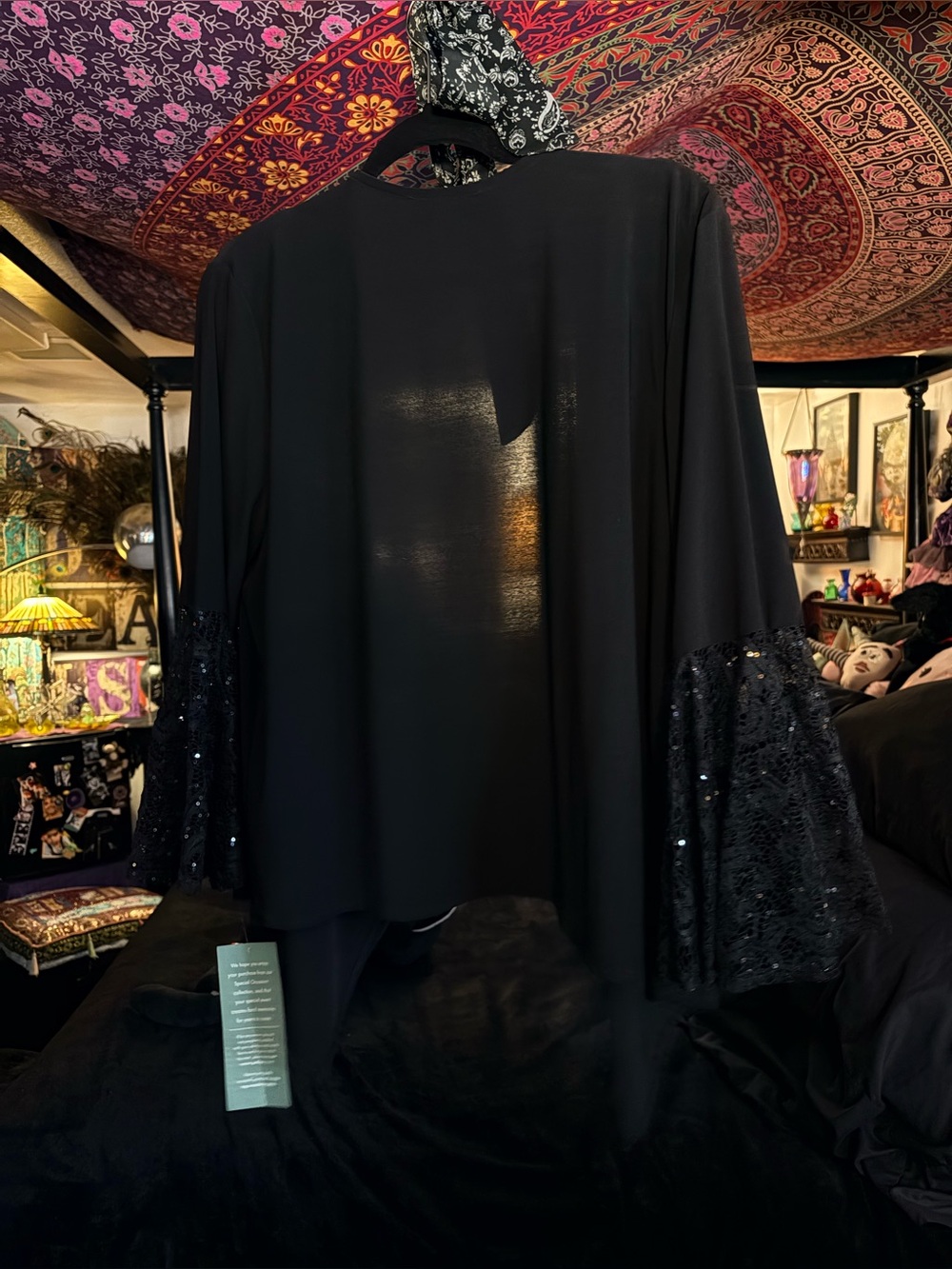 Black Sequin Bell-Sleeve Kimono Robe - Elegant Lounge Wrap